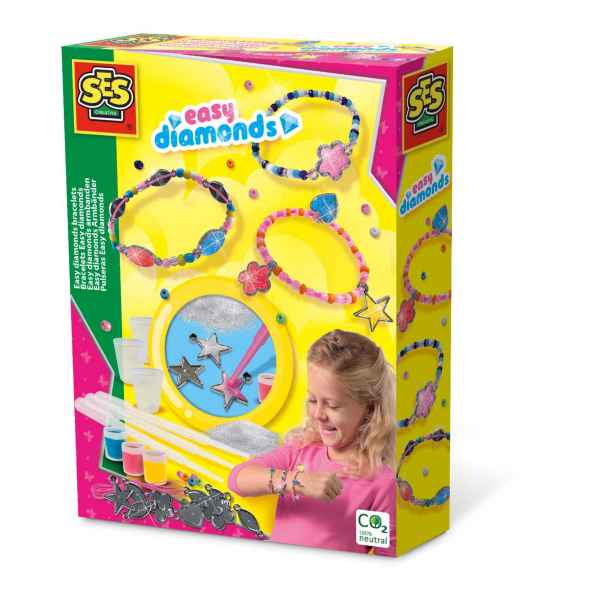 SES Creative Easy diamonds box showing colorful beaded bracelets, silver charms, and a smiling girl wearing them.