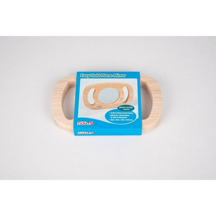 Circular mirror in a wide natural wood frame with two oval handles, wrapped in a blue branded sleeve.