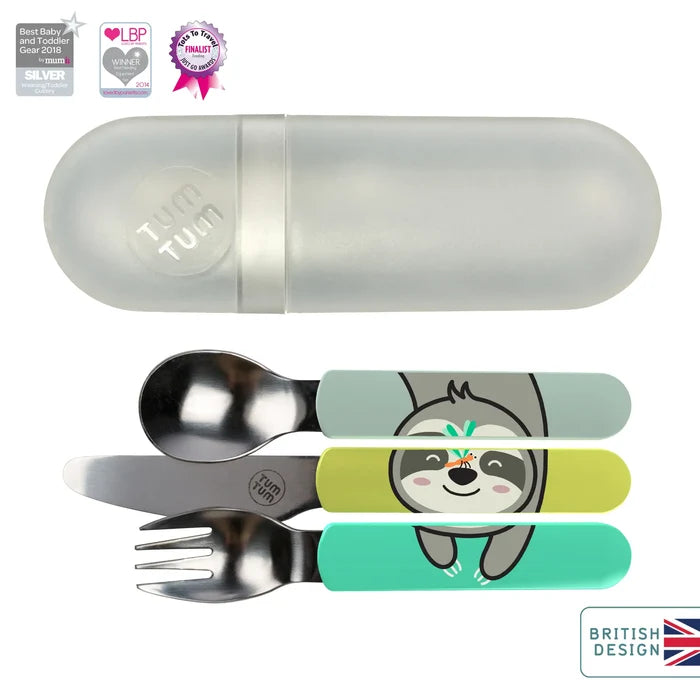 Toddler fork, spoon, and knife with a sloth design on colorful handles, shown with a frosted travel case.