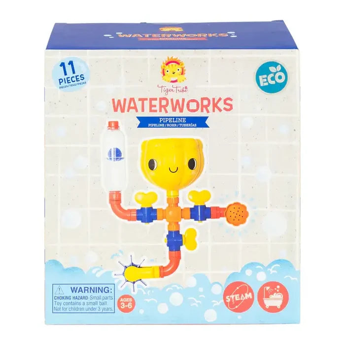 Box for an 11-piece bath toy showing a yellow smiley face funnel connected to colorful orange, blue, and yellow pipes.