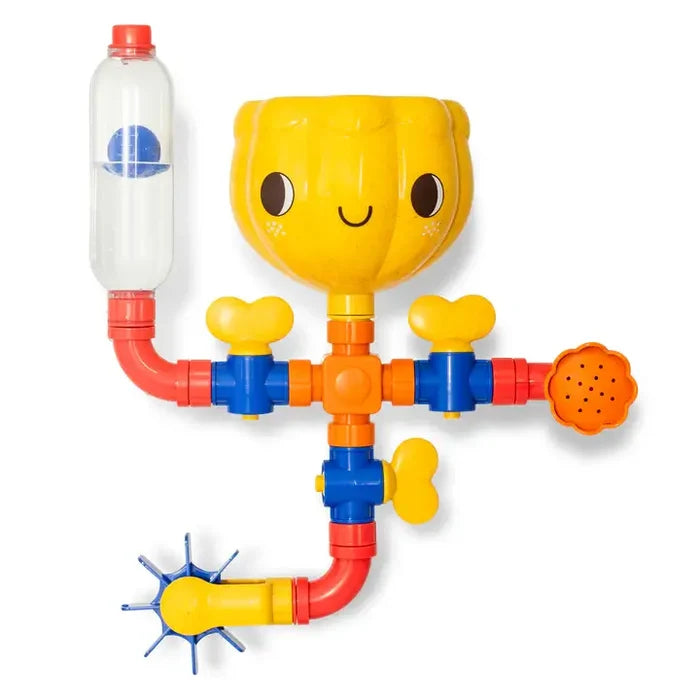 Colorful bath toy with a yellow smiley face funnel, blue and orange pipes, flower showerhead, and blue water wheel.