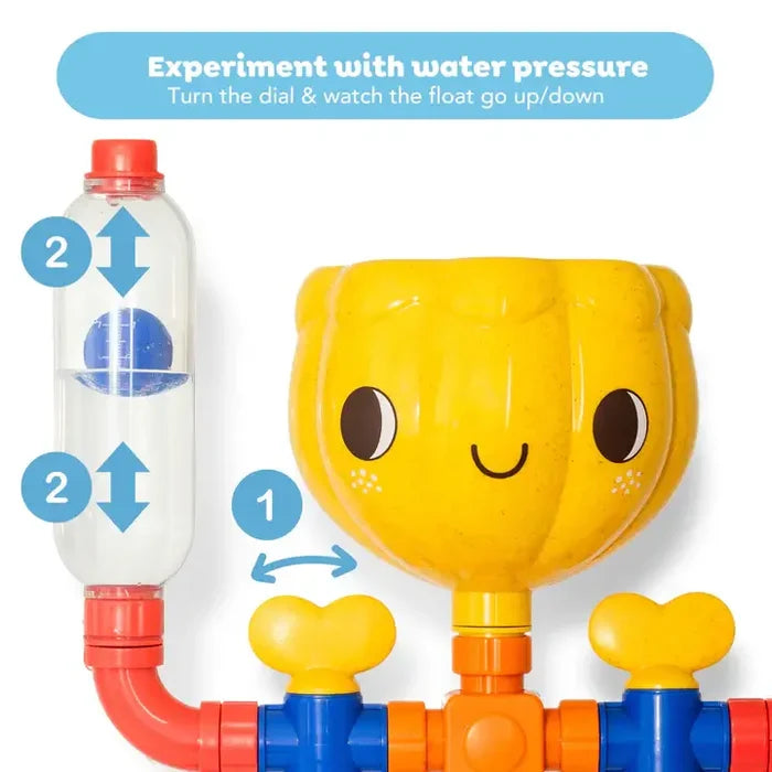 Yellow smiley funnel toy on red pipes with blue valves and a clear tube showing a blue float moving up and down.