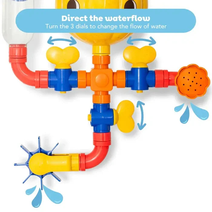 Vibrant plastic pipe bath toy with three yellow turn valves, a showerhead, and a spinning water wheel.