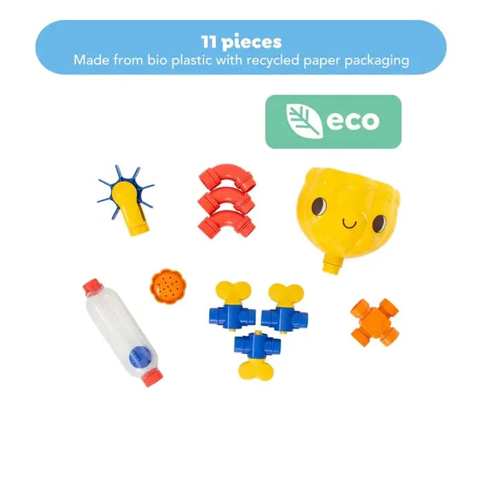 11 colorful bath toy components: red elbow pipes, blue valves, a water wheel, and a yellow funnel with a smiling face.