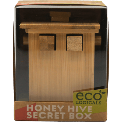 Wooden beehive-shaped puzzle box with square sliders, packaged in a cardboard base with a clear plastic cover.