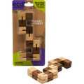 Bamboo fidget toy with interlocking light and dark wood blocks, shown in packaging and twisted into a zigzag shape.