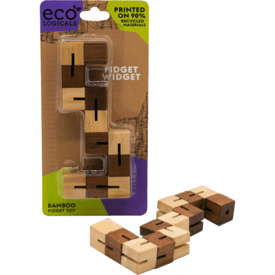 Bamboo fidget toy with interlocking light and dark wood blocks, shown in packaging and twisted into a zigzag shape.