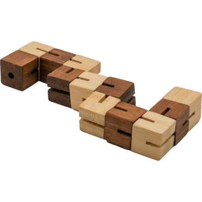 Interconnected light and dark brown wooden cubes in a zig-zag chain with carved slots for articulated movement.