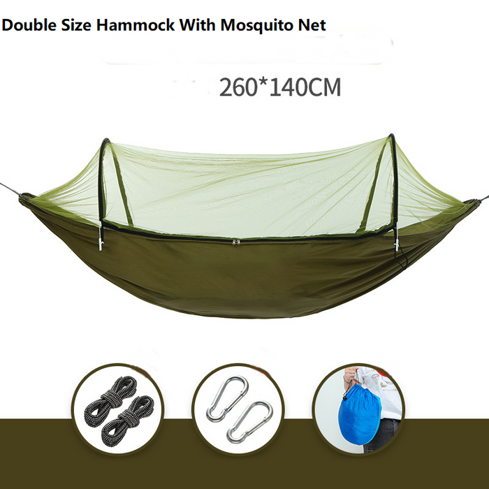 Light green ECOTREK portable mosquito hammock with quick-open design and built-in net for outdoor relaxation.
