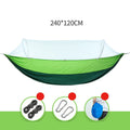 Light green ECOTREK portable mosquito hammock with quick-open design and built-in net for outdoor relaxation.