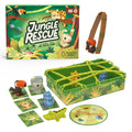 Jungle-themed game with animal figures, spinner, green bin with yellow rope netting, and toucan-shaped tweezers.