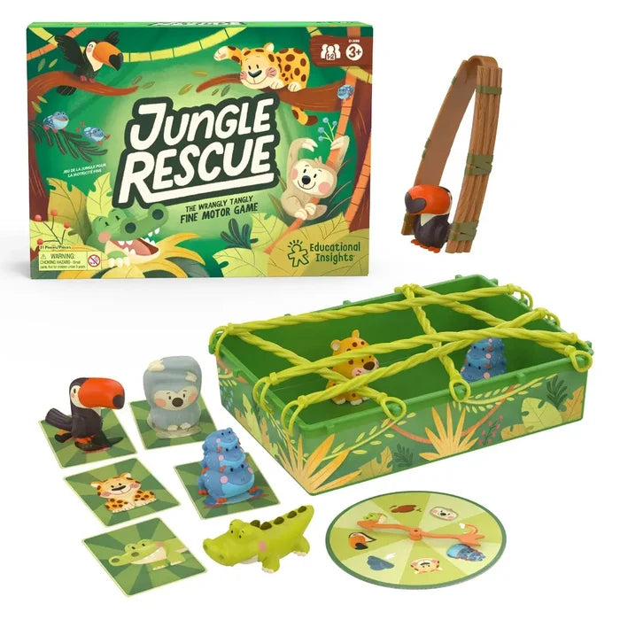 Jungle-themed game with animal figures, spinner, green bin with yellow rope netting, and toucan-shaped tweezers.