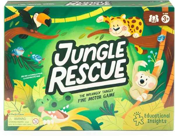 Green Jungle Rescue game box featuring colorful cartoon toucan, leopard, sloth, and alligator illustrations.