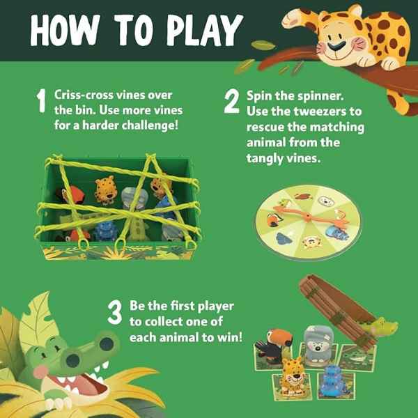 How-to-play graphic for a jungle game with a green bin, yellow vines, a spinner, tweezers, and animal figurines.
