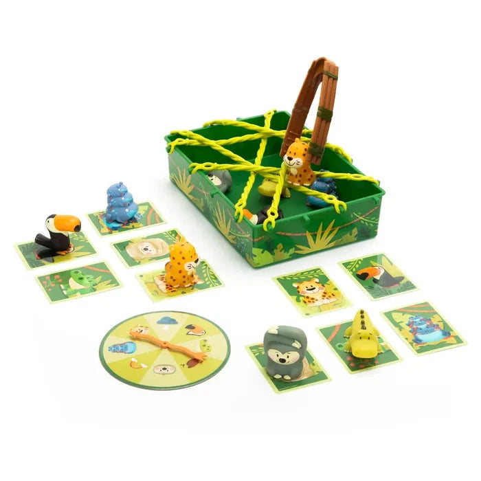 Jungle-themed bin with yellow rope mesh, animal figurines, matching cards, spinner, and large tweezers.