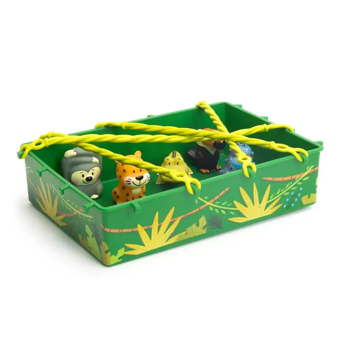 Green toy tray with jungle decals holding five animal figurines under crisscrossed yellow plastic vine cords.