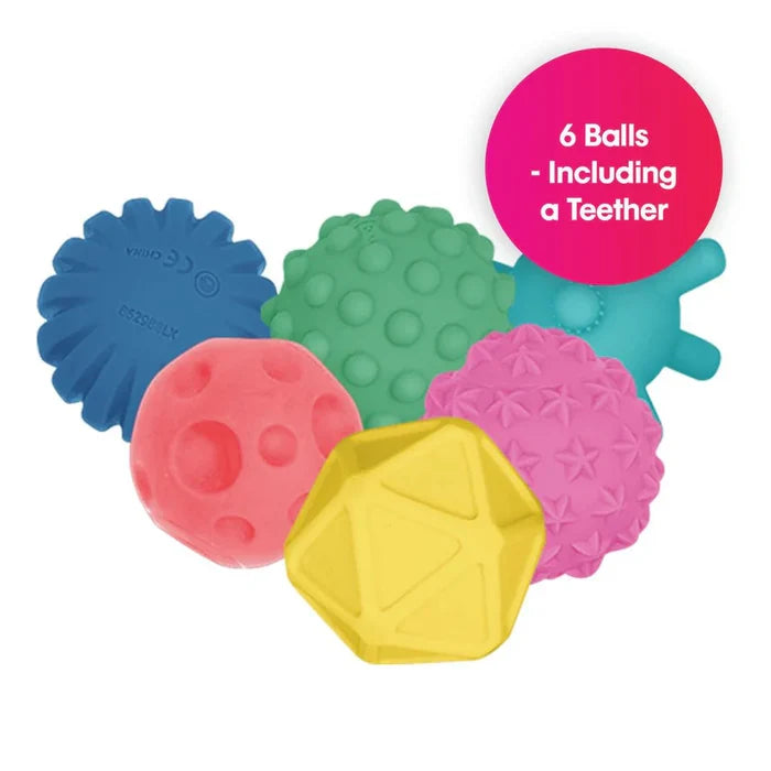 Six colorful balls with varied textures like ridges, bumps, and stars. Text: 6 Balls - Including a Teether.