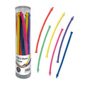 Red, yellow, blue, green, pink and purple textured flexible rods with snap ends in a clear tube and fanned out.