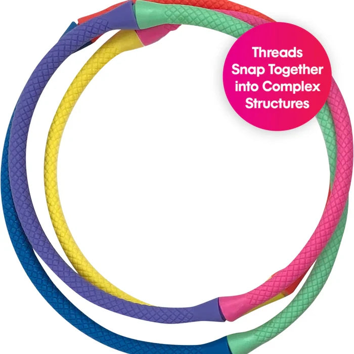 Colorful textured threads snapped into circles. A pink bubble says Threads Snap Together into Complex Structures.