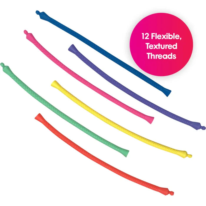 Six flexible, textured threads in red, green, yellow, pink, purple, and blue with small knobs on each end.