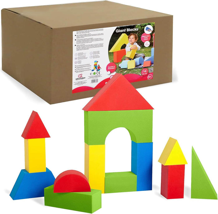 16 colorful foam blocks in geometric shapes like arches and triangles, shown built in front of the product box.