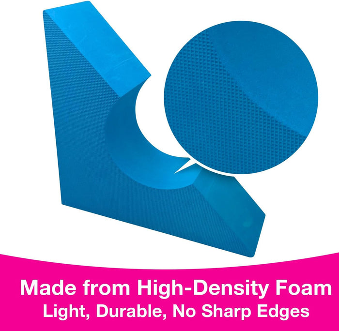 Blue L-shaped foam block with a semi-circle cutout and a close-up circle showing its textured high-density material.