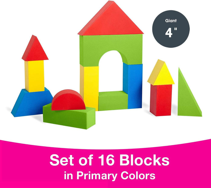 16 giant soft foam building blocks in primary colors and geometric shapes like arches, triangles, and squares.