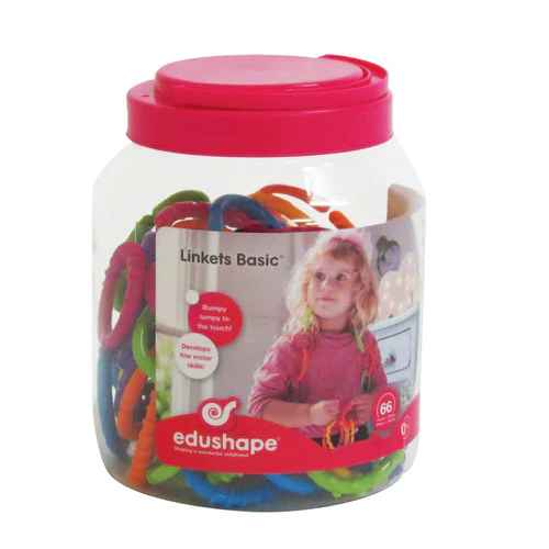 Clear plastic jar with pink lid filled with colorful, textured ring links. Label features a child playing.