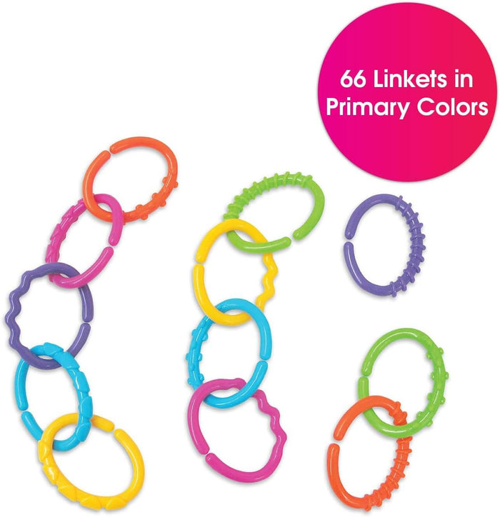 Multi-colored textured plastic links connected in chains. Text circle reads: 66 Linkets in Primary Colors.