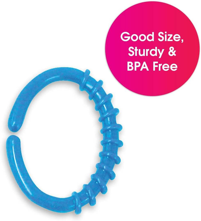 Blue C-shaped link with smooth and ridged textures. Pink circle says Good Size, Sturdy and BPA Free.