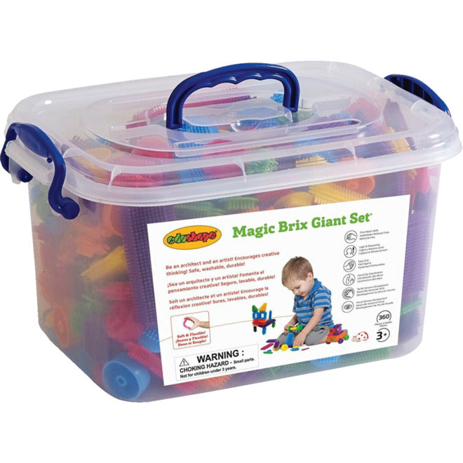 Edushape Magic Brix Giant Set in a clear storage bin with blue latches, filled with colorful bristle building blocks.