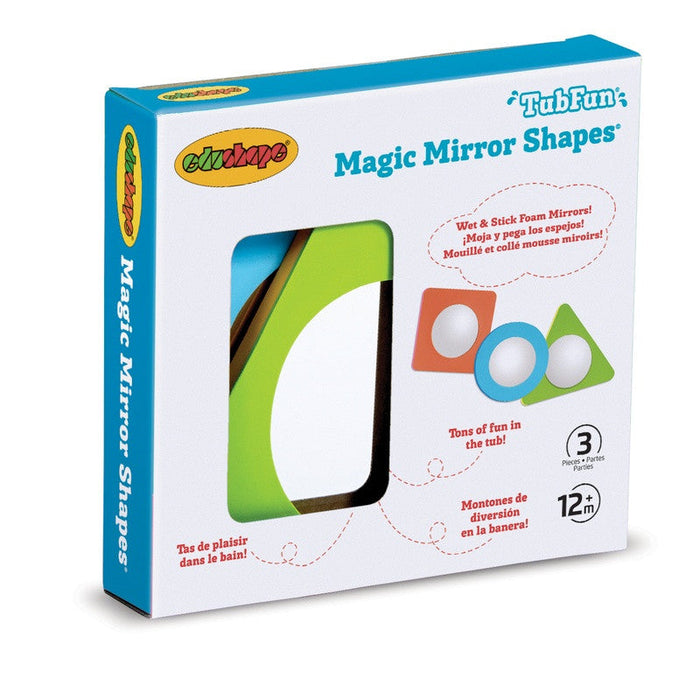 White and blue box showing three colorful foam bath mirrors in orange square, blue circle, and green triangle shapes.