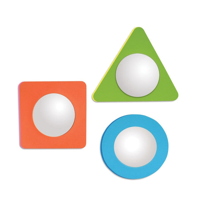 Orange square, green triangle, and blue circle foam shapes, each with a central round mirror.