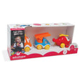 Boxed set of three colorful toy vehicles: an orange car, blue fire truck, and red helicopter with yellow wheels.