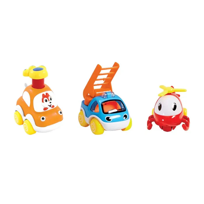 Three bright, rounded toy vehicles: an orange car with a squirrel, a blue car with a ladder, and a red helicopter.