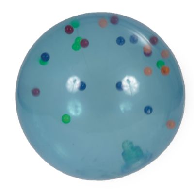 Translucent blue soft ball filled with small multi-colored beads.