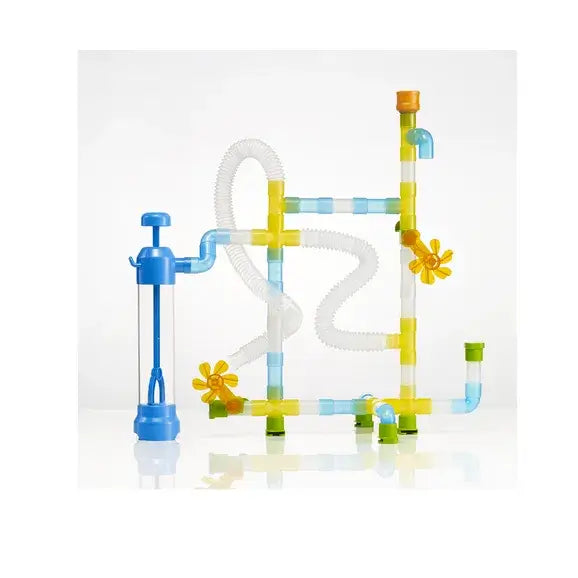 Colorful toy pipe system with translucent tubes, yellow spinning wheels, and a blue hand pump on a white background.