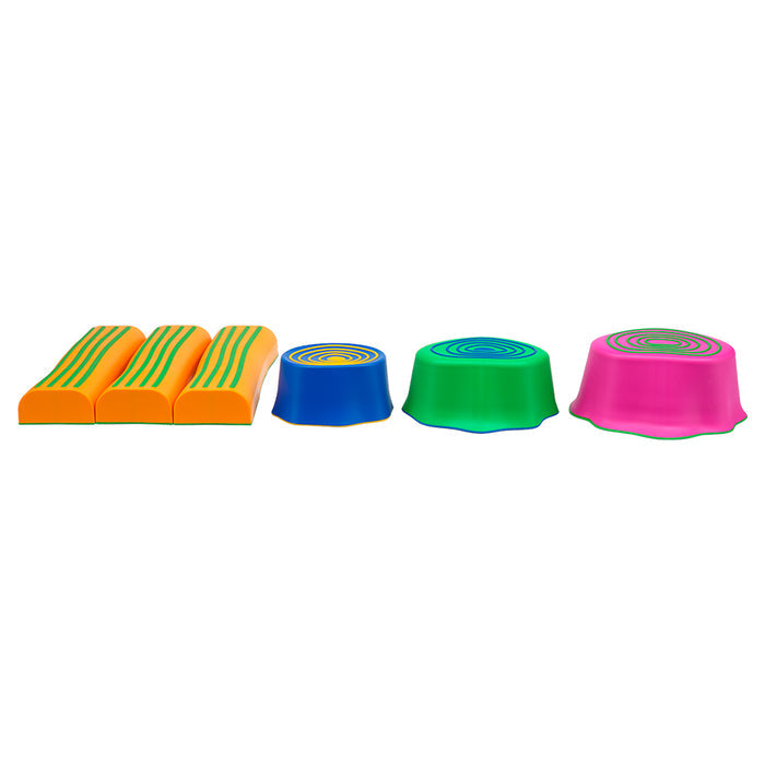 Three orange logs with green stripes and three round stumps in blue, green, and pink with textured rings on top.