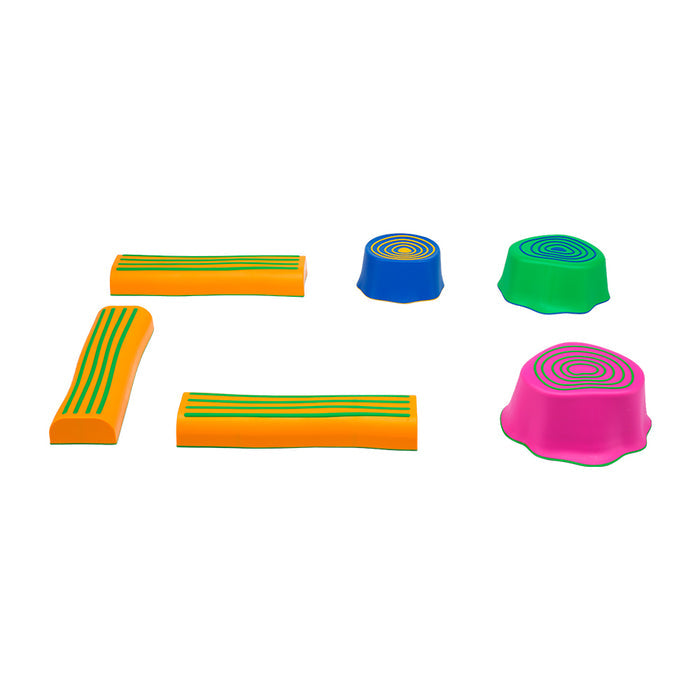 Six-piece colorful balance set featuring three striped orange logs and blue, green, and pink textured stepping stumps.