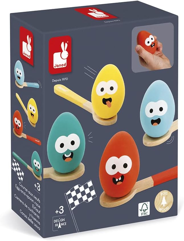 Grey box showing four colorful wooden eggs with silly faces balanced on matching spoons near checkered racing flags.