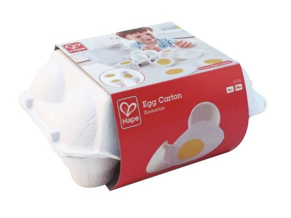 White pulp egg carton toy in a red sleeve featuring the Hape logo and images of toy eggs with yellow yolks inside shells.