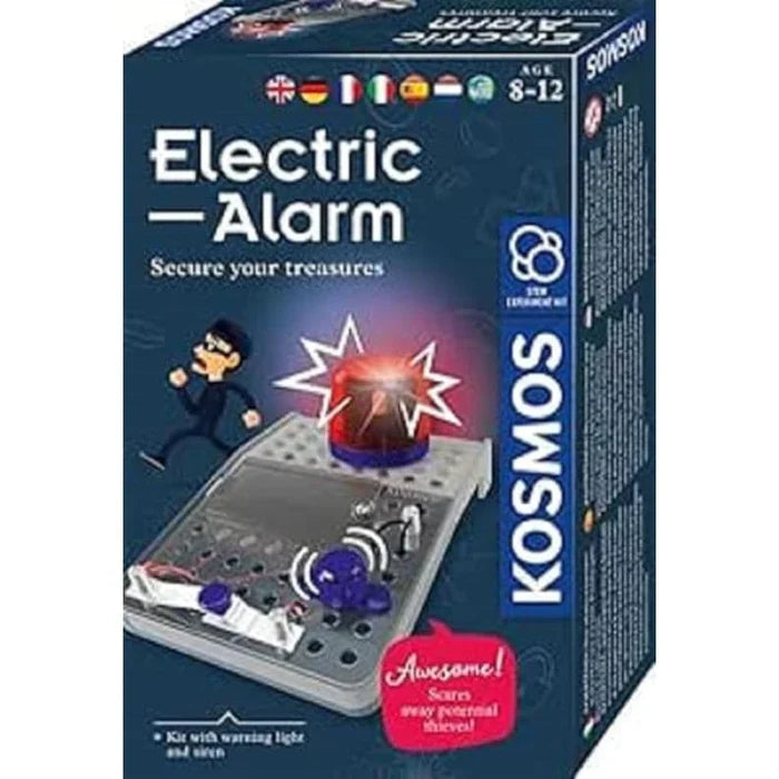 Blue KOSMOS box showing a gray circuit board with a red siren light, a blue buzzer, and a cartoon thief.