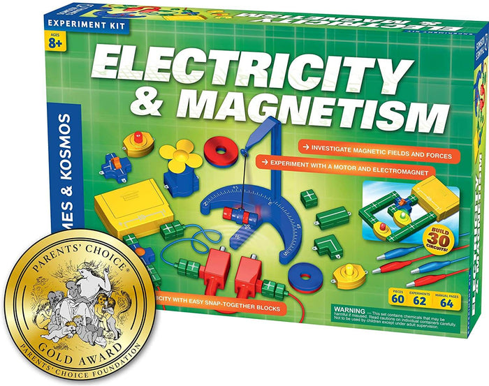 Green experiment kit box featuring colorful snap-together blocks, magnets, and wires with a gold award seal on the front.