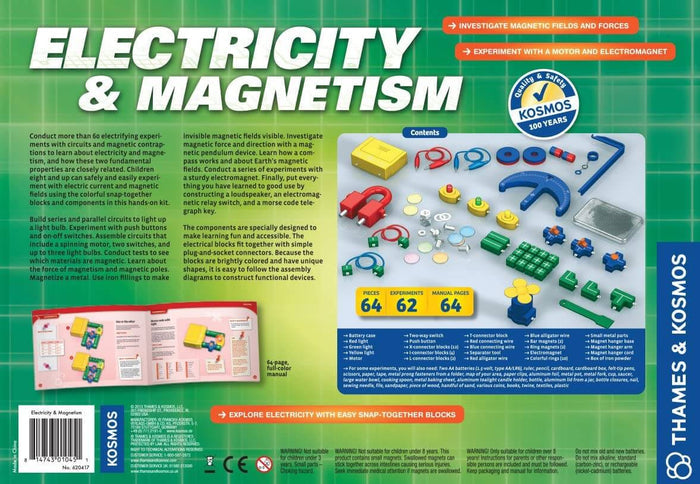 Green product box showing colorful snap-together electronic blocks, wires, magnets, and a 64-page instruction manual.