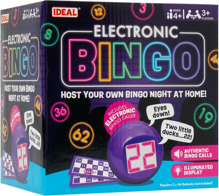 Neon-style game box featuring a purple electronic caller ball with a pink digital display, cards, and colorful numbers.