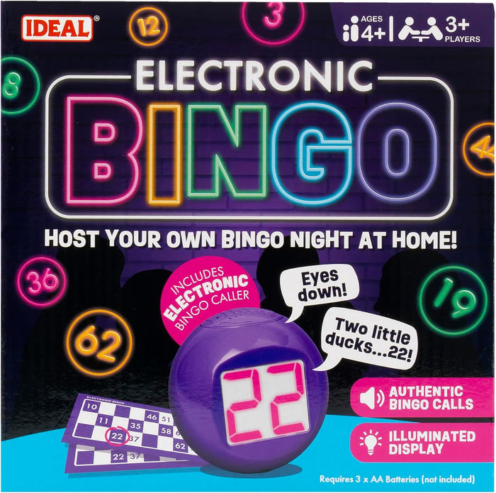 Purple game box for Electronic Bingo featuring a digital caller ball, bingo cards, and neon graphics.
