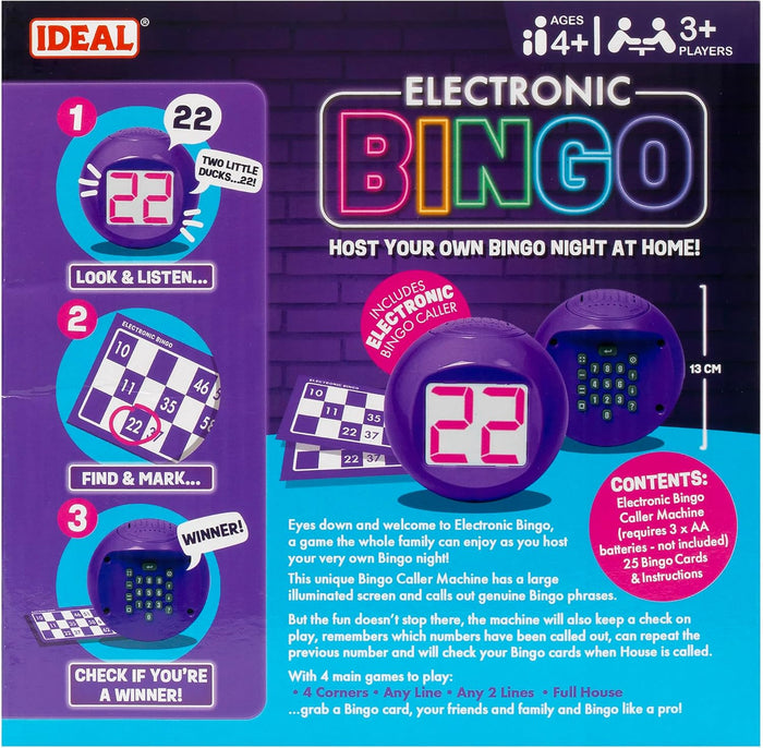 Purple electronic bingo machine with red LED numbers and bingo cards on a colorful game box with instructions.