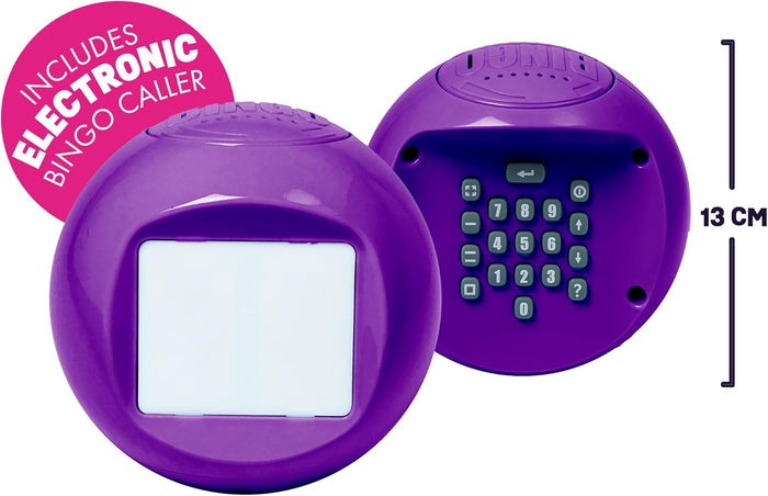 Front and back views of a purple spherical bingo caller with a screen, keypad, and 13 cm height marker.