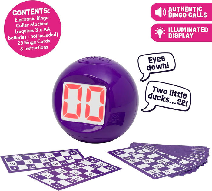 Purple spherical electronic bingo caller with red LED display, purple cards, and pink graphics on a white background.