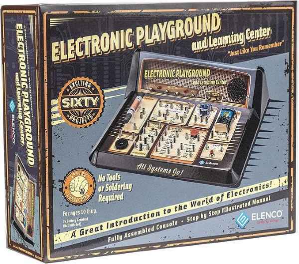 Vintage-style black box for an electronics kit showing a console with springs, dials, and wires for 60 projects.